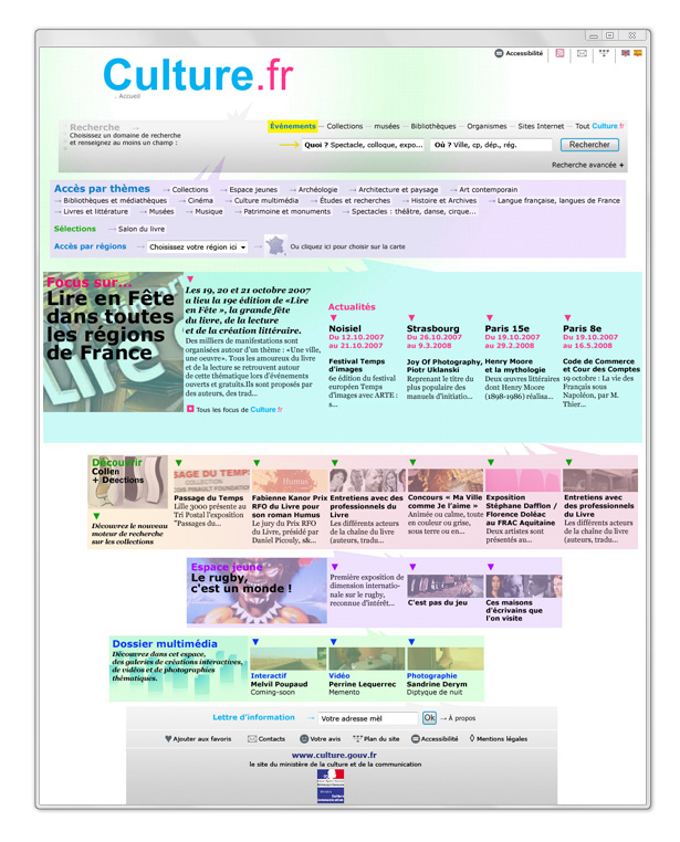 Site portail Culture.fr, du ministère de la Culture et de la Communication, carte des régions, 2007 (projet finaliste) Site portail Culture.fr, du ministère de la Culture et de la Communication, carte des régions, 2007 (projet finaliste)