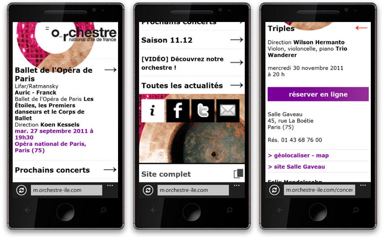 Site mobile de l'Orchestre National d'Île de France, actualités, informations pratiques, réservations de concerts en ligne, 2011 Site mobile de l'Orchestre National d'Île de France, actualités, informations pratiques, réservations de concerts en ligne, 2011