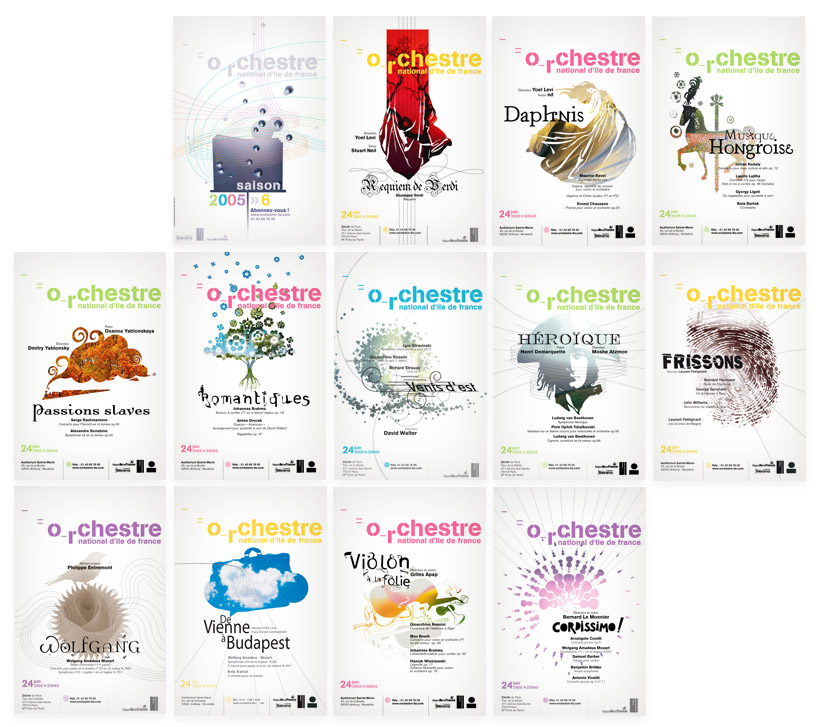 Identitée visuelle de saison de l'Orchestre National d'Île de France, supports de communication papier (affiches, etc.), 2005-2006 Identité visuelle de saison de l'Orchestre National d'Île de France, supports de communication papier (affiches, etc.), 2005-2006