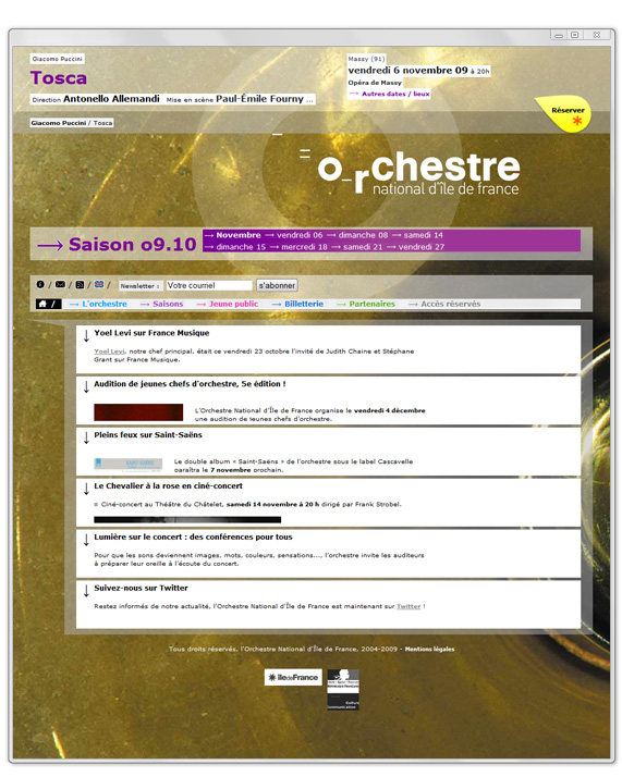 Site de l'Orchestre National d'Île de France, page d'accueil, 2009 Site de l'Orchestre National d'Île de France, page d'accueil, 2009