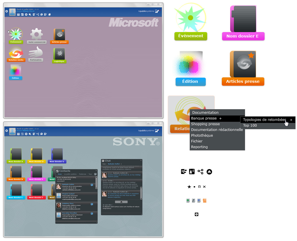 Interface de l'Intranet / plateforme collaborative des activités clients (Microsoft, Sony, Renault, etc.) pour le Public Système, 2008-2009 Interface de l'Intranet / plateforme collaborative des activités clients (Microsoft, Sony, Renault, etc.) pour le Public Système, 2008-2009